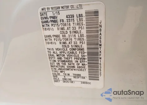 2015 Nissan Rogue Select S z USA, uszkodzony, nr VIN JN8AS5MTXFW153527